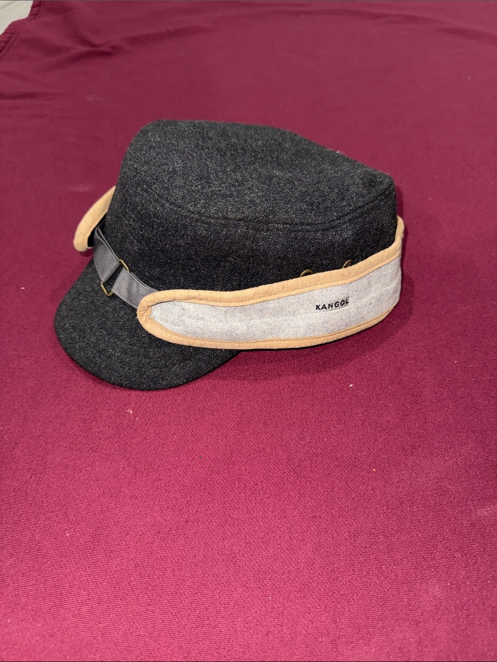 Kangol Dark Charcoal Military Cap with Gray Side Panel and Tan Trim